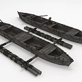 Two Traditional Wooden Boats With Oars And Bundled Wooden Poles