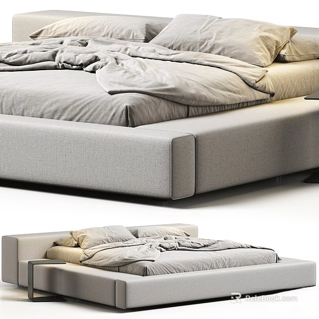 Modern Upholstered Double Bed With Soft Gray Bedding And Minimalist Low Profile Frame Design 3d model 