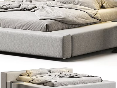 Modern Upholstered Double Bed With Soft Gray Bedding And Minimalist Low Profile Frame Design 3d model