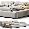 Modern Upholstered Double Bed With Soft Gray Bedding And Minimalist Low Profile Frame Design