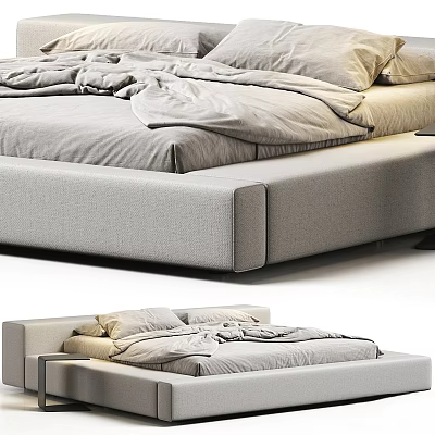 Modern Upholstered Double Bed With Soft Gray Bedding And Minimalist Low Profile Frame Design 3d model