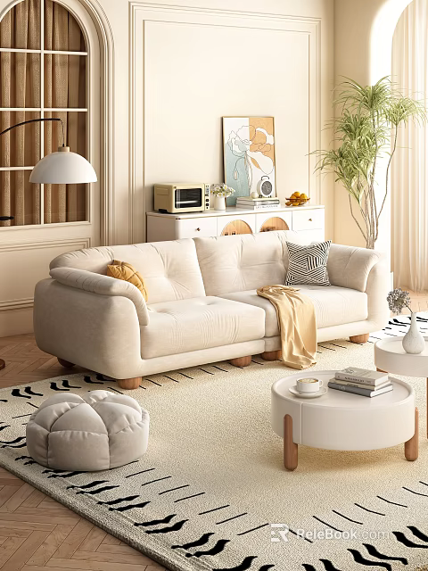 Cozy Beige Sofa and White Coffee Table Set with Throw Blanket Pillows and Green Plant 3d model 
