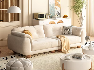 Cozy Beige Sofa and White Coffee Table Set with Throw Blanket Pillows and Green Plant 3d model