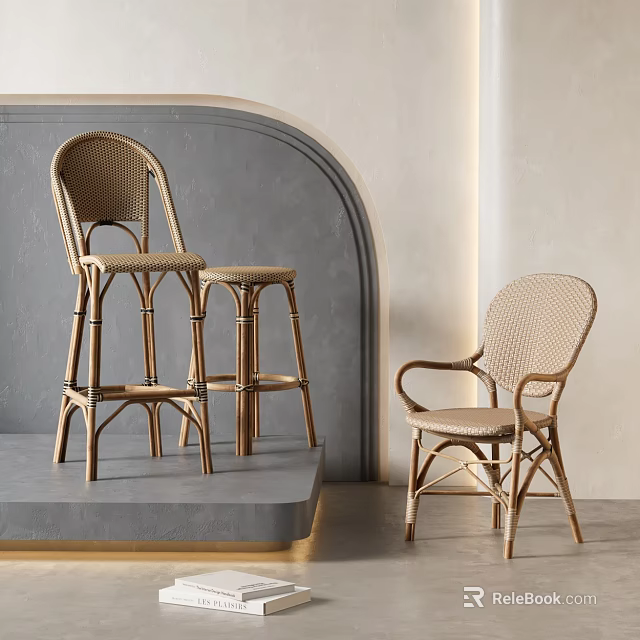 Modern Rattan Leisure Chair And Stylish Bar Stools In Minimalist Interior Design 3d model 