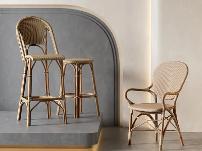 Modern Rattan Leisure Chair And Stylish Bar Stools In Minimalist Interior Design 3d model