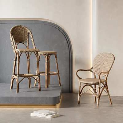 Modern Rattan Leisure Chair And Stylish Bar Stools In Minimalist Interior Design 3d model