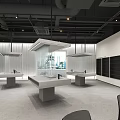 Modern Exhibition Space Interior With Geometric Display Stands Wooden Wall Panels And Industrial Ceiling