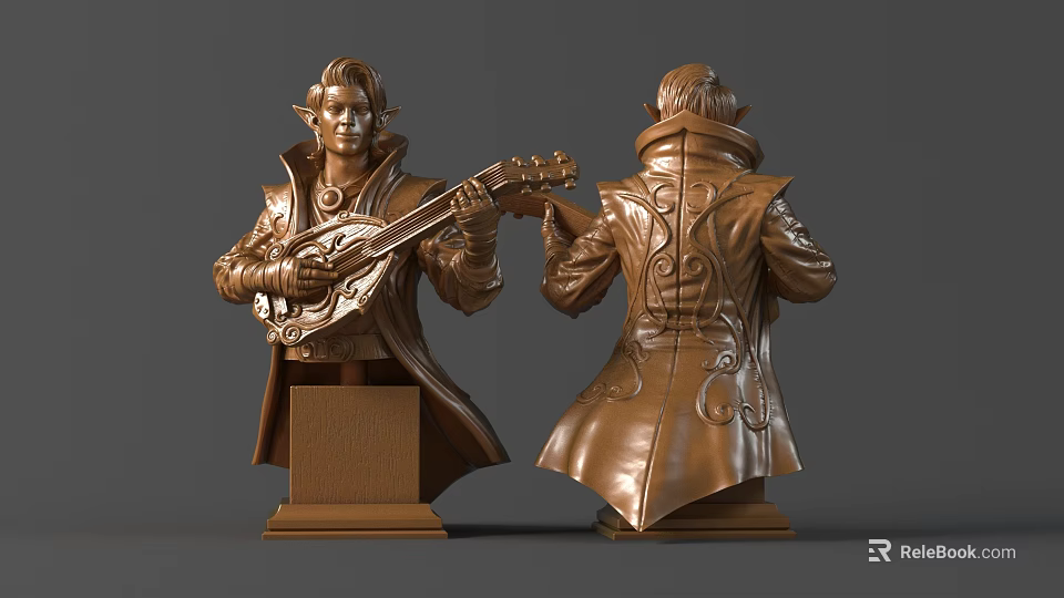 Sculpture Carving Bronze Bust Front Lute Player And Back Ornate Details Design 3d model 