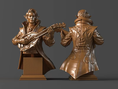Sculpture Carving Bronze Bust Front Lute Player And Back Ornate Details Design 3d model