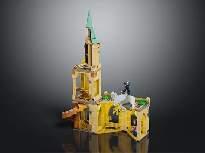 Yellow Toy Furniture Building Model With Green Spire And Staircase Design 3d model