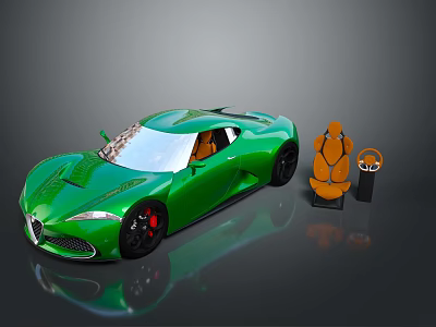Green Sports Car With Sleek Body And Orange Seats On Reflective Surface 3d model