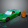 Green Sports Car With Sleek Body And Orange Seats On Reflective Surface