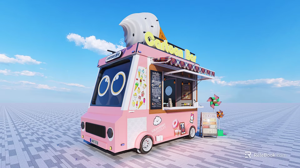 Pink Commercial Gelato Ice Truck With Top Ice Cream Decoration Big Eyes Design Side Windmill 3d model 