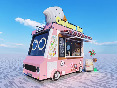 Pink Commercial Gelato Ice Truck With Top Ice Cream Decoration Big Eyes Design Side Windmill 3d model