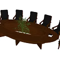 Oval Wooden Conference Table with Black Leather Chairs and Central Green Plant in Meeting Room