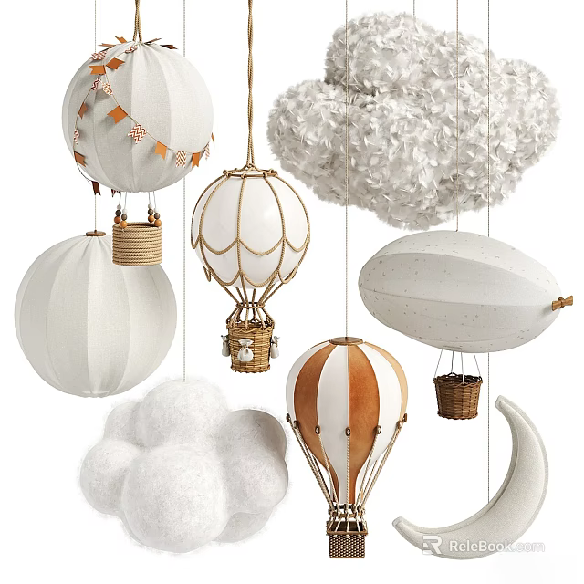 White Decorative Chandeliers With Hot Air Balloon Cloud And Moon Shapes 3d model 