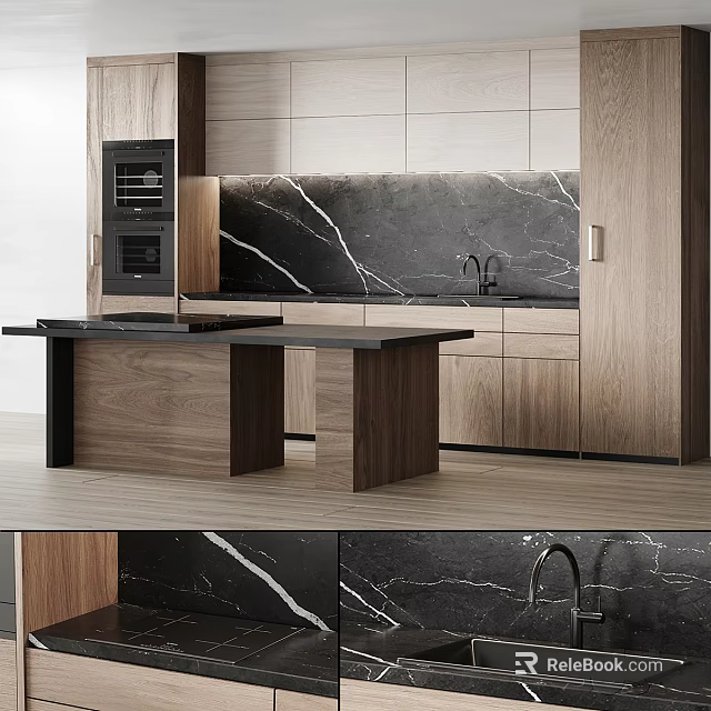 Modern Kitchen Interior With Wooden Cabinets Marble Backsplash And Island Countertop 3d model 
