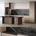 Modern Kitchen Interior With Wooden Cabinets Marble Backsplash And Island Countertop