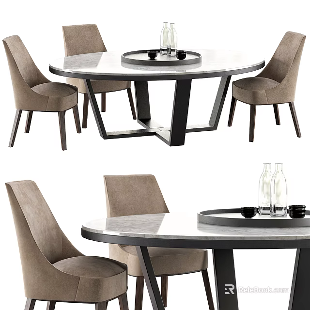 Modern Dining Table Set with Round Table Beige Upholstered Chairs and Black Metal Legs 3d model 
