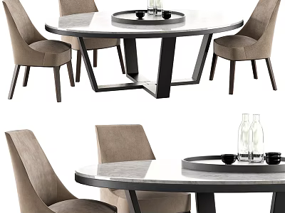 Modern Dining Table Set with Round Table Beige Upholstered Chairs and Black Metal Legs 3d model