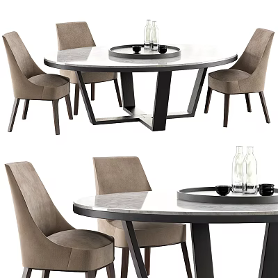Modern Dining Table Set with Round Table Beige Upholstered Chairs and Black Metal Legs 3d model