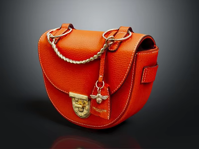 Orange Leather Saddle Bag With Metal Chain Lock Clasp And Textured Surface Design 3d model