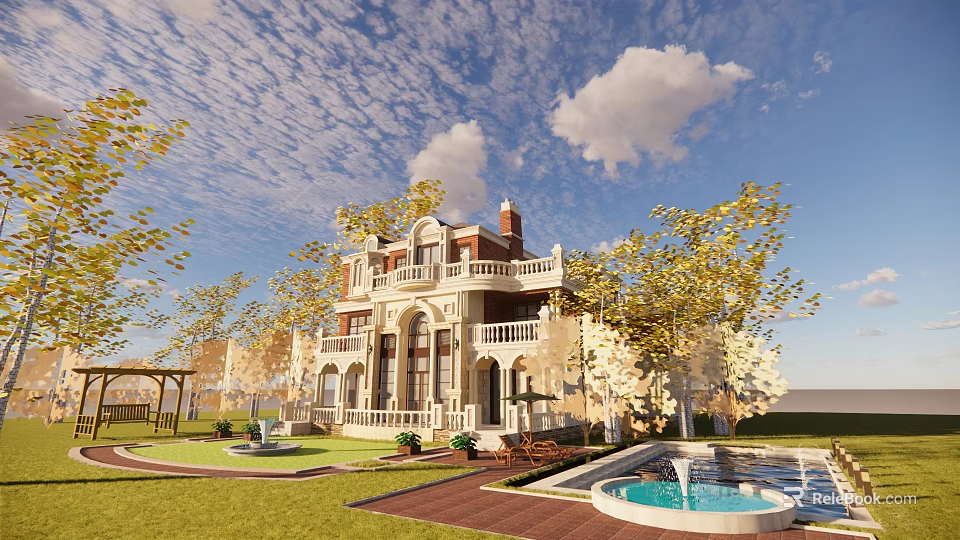 Classical Detached Villa With Balconies Columns Greenery Lawn And Fountain Under Blue Sky 3d model 