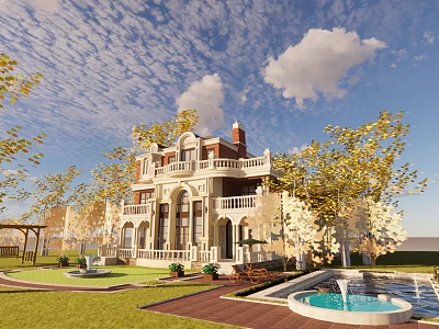 Classical Detached Villa With Balconies Columns Greenery Lawn And Fountain Under Blue Sky 3d model