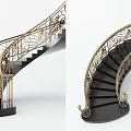 Elegant Spiral Staircase With Ornate Golden Railings And Black Steps