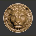 Golden Circular Lion Head Emblem With Decorative Texture And Detailed Facial Features
