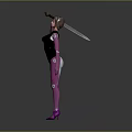 Futuristic Female Game Movie Character Wearing Purple Bodysuit Black Vest And Sword