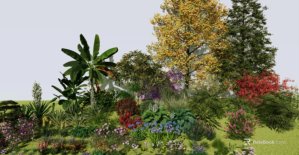 Vibrant Arboreal Garden Landscape With Diverse Trees Colorful Blooms And Foliage 3d model 
