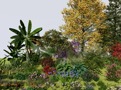 Vibrant Arboreal Garden Landscape With Diverse Trees Colorful Blooms And Foliage 3d model