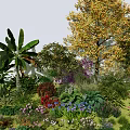 Vibrant Arboreal Garden Landscape With Diverse Trees Colorful Blooms And Foliage