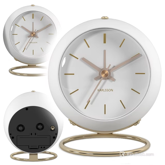 Stylish Round Clock With White Dial Gold Hands Markers And Gold Metal Stand 3d model 