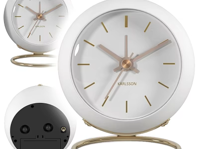 Stylish Round Clock With White Dial Gold Hands Markers And Gold Metal Stand 3d model