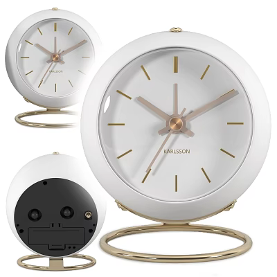 Stylish Round Clock With White Dial Gold Hands Markers And Gold Metal Stand 3d model