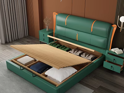 Green Leather Double Bed With Orange Accents Lifted Mattress Storage And Nightstands 3d model