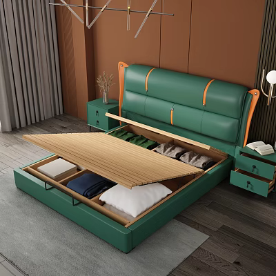 Green Leather Double Bed With Orange Accents Lifted Mattress Storage And Nightstands 3d model