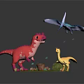 Cartoon Dinosaur Characters Pink T Rex Yellow Small Dino And Blue Pterodactyl On Green Grassland