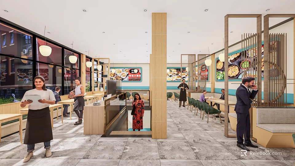 Modern Restaurant Interior With Customers Dining Staff Service And Decorative Lighting 3d model 