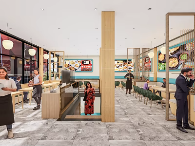 Modern Restaurant Interior With Customers Dining Staff Service And Decorative Lighting 3d model