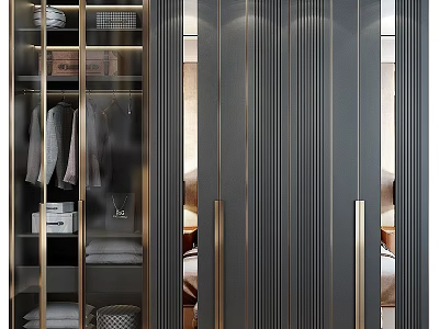 Modern Storage Cabinet With Glass Doors Gold Handles And Interior Organization 3d model
