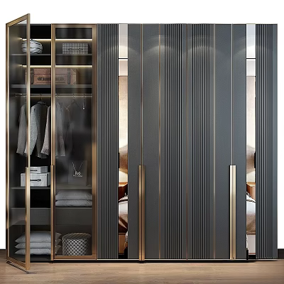 Modern Storage Cabinet With Glass Doors Gold Handles And Interior Organization 3d model