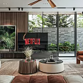 Modern Living Dining Area Interior Design With Sofa Coffee Table TV Netflix And Plants