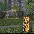 Garden Landscape with Modern High Rise Building Green Lawn Hollow Metal Structure and Floral Lights