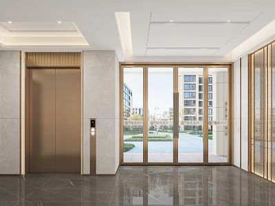 Modern Elevator Lobby Interior With Glass Doors And Outdoor Landscape 3d model