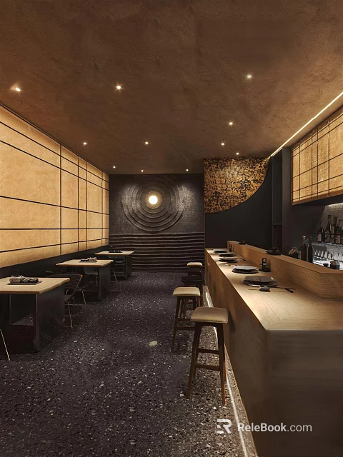 Modern Restaurant Interior With Wooden Walls Circular Decorative Wall Bar Counter And Tables 3d model 