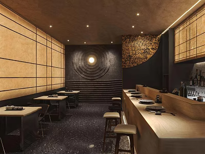 Modern Restaurant Interior With Wooden Walls Circular Decorative Wall Bar Counter And Tables 3d model