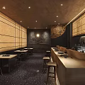 Modern Restaurant Interior With Wooden Walls Circular Decorative Wall Bar Counter And Tables